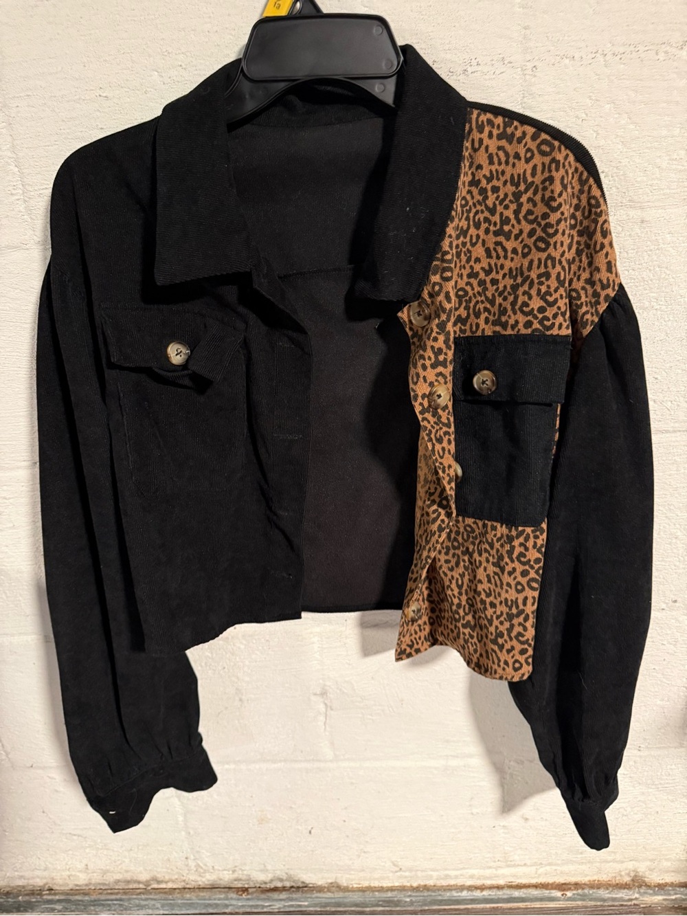 SHEIN Black Cropped Jacket with Leopard Panel